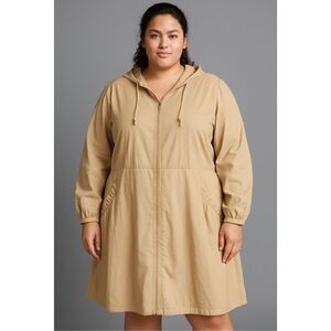 Eilly Bazar Tan Beige Zip Up Trench Coat With Hood Pockets Size 3X NWOT